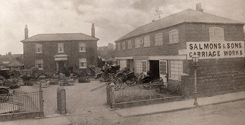 View of Salmons & Sons Carriage Works building and front courtyard from back in the 1800s