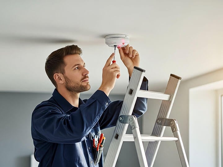 Handyman standing on a ladder installing a ceiling smoke detector in a home