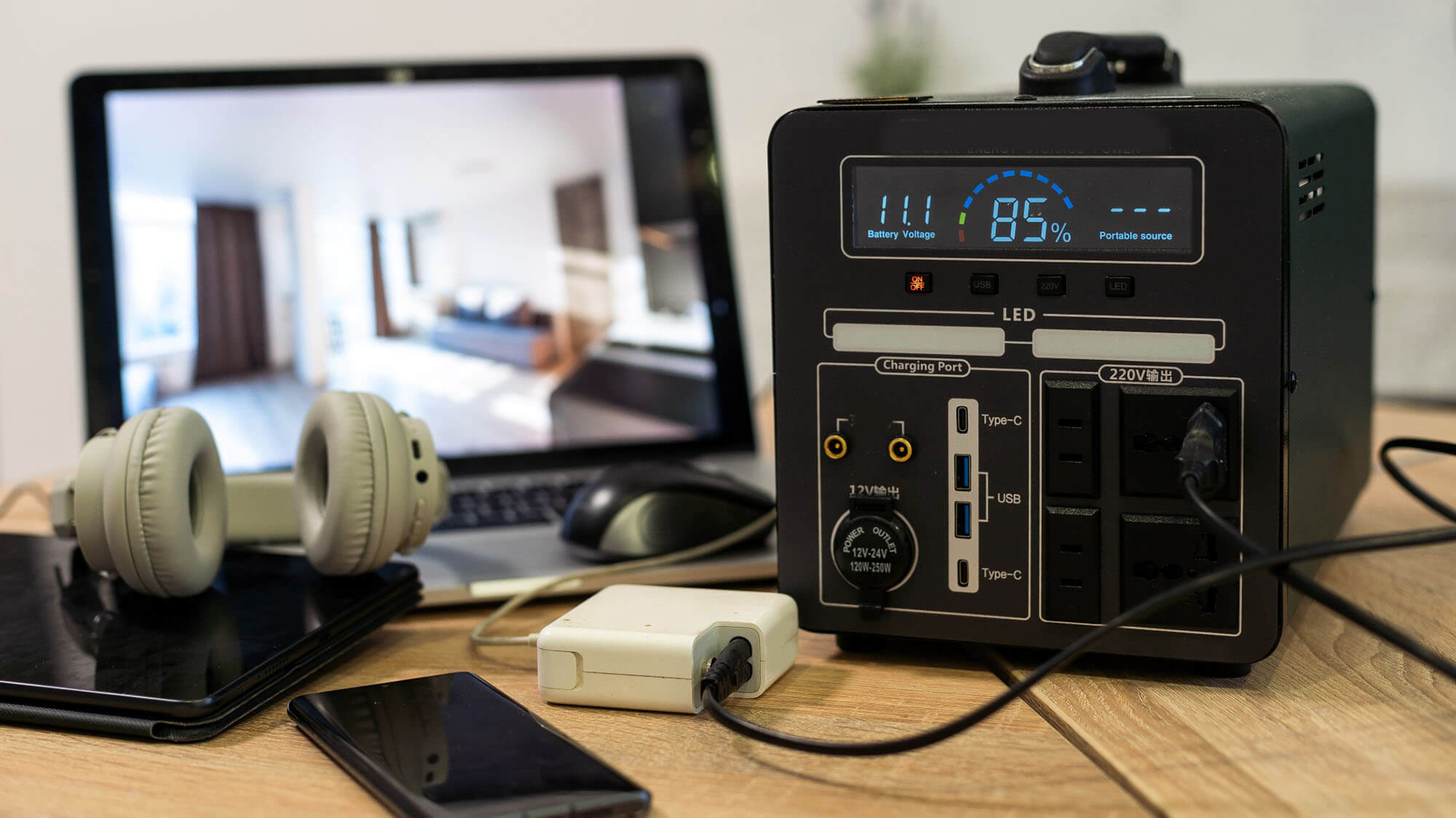 Portable power station solar electricity generator - laptop, phone, tablet and digital camera electronic devices charging. Wireless charging battery backup, power outage emergencies outdoors, camping. 